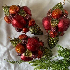 Vintage Fruit Cluster Ornaments Glittered Apples, Grapes, Oranges Light